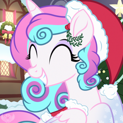 Size: 2000x2000 | Tagged: safe, artist:lovinglypromise, oc, oc:lovely promise, alicorn, pony, ^^, christmas, eyes closed, female, hat, holiday, mare, santa hat, solo