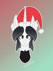 Size: 1601x2155 | Tagged: safe, artist:darbypop1, oc, oc:friday the 13th, pony, unicorn, christmas, female, hat, holiday, horn, mare, santa hat, solo