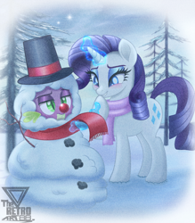 Size: 2000x2286 | Tagged: safe, artist:theretroart88, rarity, spike, dragon, pony, unicorn, g4, 2d, age difference, amused, christmas, clothes, cute, cutie mark, eyeshadow, female, holiday, horn, makeup, male, outdoors, raribetes, scarf, ship:sparity, shipping, snow, snowman, spikabetes, straight, tree, unamused, winter