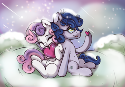 Size: 2360x1640 | Tagged: oc name needed, safe, artist:kristina, sweetie belle, oc, earth pony, pony, unicorn, g4, canon x oc, commission, couple, cute, duo, female, heart, horn, love, male, snow, straight, ych result