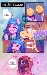 Size: 1533x2458 | Tagged: safe, artist:frank3dz, hitch trailblazer, izzy moonbow, sunny starscout, earth pony, pony, unicorn, g5, clothes, comic, cookie, dalgona, dialogue, eating, female, floating heart, floppy ears, food, heart, hoodie, horn, implied lesbian, implied moonscout, implied shipping, male, mare, squid game, stallion, tongue out, trio