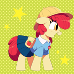 Size: 1500x1500 | Tagged: safe, artist:spoonie, apple bloom, earth pony, pony, g4, adorabloom, badge, bag, blue shirt, blue skirt, blushing, clothes, collared shirt, cute, female, filly, foal, full body, hat, kindergarten uniform, open mouth, polka dot background, saddle bag, school hat, school uniform, shirt, skirt, solo, stars, yellow hat