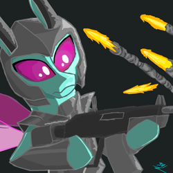 Size: 1234x1234 | Tagged: safe, artist:tex3411, spiracle, changedling, changeling, g4, armor, black background, bullet, shooting, simple background, weapon