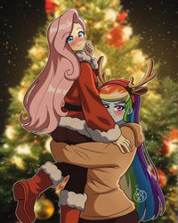 Size: 1024x1280 | Tagged: safe, artist:masterdestroyzj, fluttershy, rainbow dash, equestria girls, g4, ass, belt, blushing, boots, butt, christmas, christmas tree, clothes, coat, costume, duo, duo female, fake antlers, female, grin, hairband, holiday, hoodie, hug, lesbian, lifting, pants, santa costume, ship:flutterdash, shipping, shoes, smiling, tree