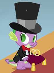 Size: 470x637 | Tagged: safe, screencap, spike, dragon, a canterlot wedding, g4, my little pony: friendship is magic, season 2, bowtie, clothes, cropped, cute, hat, male, ring bearer, royal wedding, solo, spikabetes, spike's first bow tie, suit, top hat, tuxedo, wingless spike