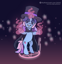 Size: 2488x2569 | Tagged: safe, artist:redpalette, oc, oc:flawless sparklemoon, unicorn, cape, cloak, clothes, fusion, fusion:trixie, fusion:twilight sparkle, fusion:twixie, hat, horn, looking at you, magic, runes, smiling, smiling at you, sparkles, squint, standing, standing on two hooves, starry eyes, teeth, telekinesis, top hat, unicorn oc, wingding eyes