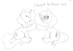 Size: 3024x2094 | Tagged: safe, artist:lillslim, oc, oc only, oc:almond blossom, pony, unicorn, g4, chest fluff, dialogue, glasses, hoofbump, horn, looking away, monochrome, sitting, sketch, smiling, text