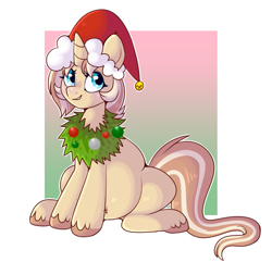 Size: 811x783 | Tagged: safe, artist:lulubell, oc, oc only, oc:lulubell, pony, unicorn, belly, big belly, christmas, chubby, cute, female, freckles, hat, holiday, horn, ocbetes, santa hat, sitting, smiling, solo, unicorn oc, wreath