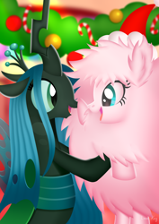 Size: 2480x3508 | Tagged: safe, artist:leonkay, queen chrysalis, oc, oc:fluffle puff, changeling, pony, boop, canon x oc, female, lesbian, noseboop, ship:chrysipuff, shipping