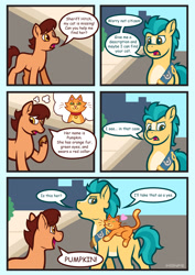 Size: 2550x3600 | Tagged: safe, artist:artisticwerks, hitch trailblazer, oc, cat, earth pony, pony, g5, blank flank, comic, critter magnet, cute, dialogue, heart, male, orange fur, stallion, those critters sure do love that pony, thought bubble