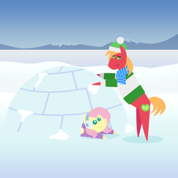 Size: 2160x2160 | Tagged: safe, anonymous artist, big macintosh, fluttershy, earth pony, pegasus, pony, series:fm holidays, series:hearth's warming advent calendar 2024, g4, advent calendar, alternate hairstyle, bipedal, bipedal leaning, christmas, clothes, duo, earmuffs, female, hat, high res, holiday, igloo, leaning, lineless, male, mare, pointy ponies, scarf, ship:fluttermac, shipping, short mane, smiling, snow, stallion, straight, sweater, winter, winter outfit