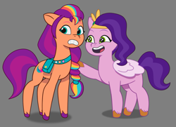 Size: 1245x899 | Tagged: safe, pipp petals, sunny starscout, g5, my little pony: tell your tale, duo, female, gray background, simple background, toon boom, uncomfortable