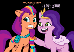 Size: 965x674 | Tagged: safe, pipp petals, sunny starscout, g5, my little pony: tell your tale, duo, female, gray background, i love you, simple background, text, toon boom, uncomfortable