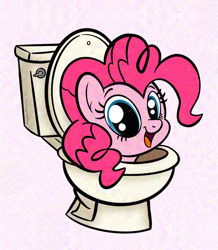 Size: 2242x2568 | Tagged: safe, artist:amynewblue, pinkie pie, earth pony, pony, g4, but why, pink background, silly, simple background, skibidi toilet, solo, toilet, wat