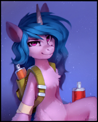 Size: 1490x1854 | Tagged: safe, artist:ramiras, izzy moonbow, unicorn, semi-anthro, g5, backpack, belly, chest fluff, female, horn, looking at you, mare, slender, smiling, smiling at you, solo, spray paint, thin