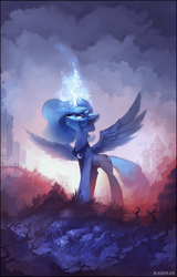 Size: 1870x2925 | Tagged: safe, artist:ramiras, princess luna, alicorn, pony, fanfic:tales of the moon, g4, city, fanfic, fanfic art, fanfic cover, female, glowing, glowing horn, high res, horn, magic, mare, outdoors, slender, solo, spread wings, thin, wings