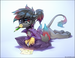 Size: 831x645 | Tagged: safe, artist:ramiras, oc, oc only, oc:caiya, griffon, colored wings, folded wings, gradient background, gradient wings, griffon oc, lying down, mouth hold, pencil, pillow, prone, solo, sploot, wings