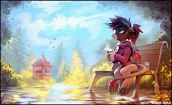 Size: 2655x1627 | Tagged: safe, artist:ramiras, oc, oc only, oc:caiya, griffon, bench, coffee, forest, griffon oc, nature, outdoors, sitting, solo, tree