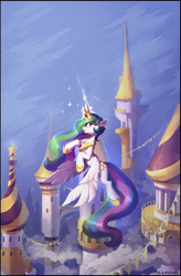 Size: 1924x2941 | Tagged: safe, artist:ramiras, princess celestia, alicorn, pony, fanfic:tales of the sun, g4, canterlot, castle, crown, fanfic, fanfic art, fanfic cover, female, flying, glowing, glowing horn, high res, hoof shoes, horn, jewelry, magic, magic aura, mare, outdoors, peytral, princess shoes, regalia, solo, spread wings, wings