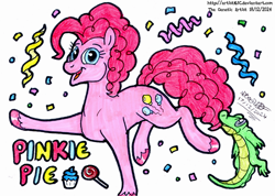 Size: 3224x2300 | Tagged: safe, artist:artistnjc, gummy, pinkie pie, alligator, earth pony, pony, g4, biting, candy, confetti, cupcake, food, lollipop, looking at you, signature, simple background, smiling, smiling at you, solo, standing, standing on one leg, streamers, text, traditional art, wide smile