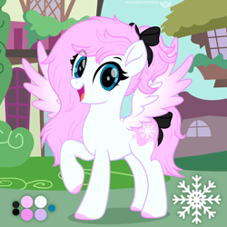 Size: 2000x2000 | Tagged: safe, artist:lovelypromise, oc, oc:frost blush, pegasus, pony, bow, colored wings, female, hair bow, mare, multicolored wings, open mouth, pink hooves, pink mane, pink tail, reference sheet, ribbon, snow, snowflake, tail, wings