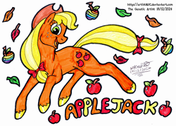 Size: 3238x2318 | Tagged: safe, artist:artistnjc, applejack, earth pony, pony, g4, apple, applejack's hat, autumn leaves, bow, colored hooves, cowboy hat, food, hair bow, hat, hooves, leaves, signature, simple background, smiling, solo, tail, tail bow, text, traditional art, zap apple