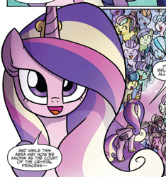 Size: 1900x2028 | Tagged: safe, artist:agnes garbowska, idw, official comic, princess cadance, alicorn, crystal pony, earth pony, pegasus, pony, unicorn, friends forever #30, g4, my little pony: friends forever, spoiler:comic, comic, crowd, crown, crystal empire, ears, eyelashes, female, horn, jewelry, long hair, long mane, male, multicolored hair, multicolored mane, open mouth, pink body, pink fur, purple eyes, regalia, smiling