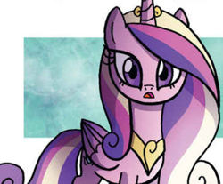 Size: 1900x1573 | Tagged: safe, artist:agnes garbowska, idw, official comic, princess cadance, friends forever #30, g4, my little pony: friends forever, cropped, crown, eyelashes, female, folded wings, jewelry, long hair, long mane, multicolored hair, multicolored mane, multicolored tail, open mouth, pink body, pink fur, purple eyes, regalia, tail, wings