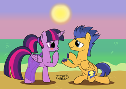 Size: 7015x4960 | Tagged: safe, artist:gabriel18017, flash sentry, twilight sparkle, alicorn, pegasus, pony, g4, beach, clothes, duo, duo male and female, female, male, mare, marriage proposal, outdoors, sarong, see-through, ship:flashlight, shipping, stallion, straight, twilight sparkle (alicorn)