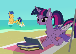 Size: 9215x6560 | Tagged: safe, artist:gabriel18017, flash sentry, twilight sparkle, alicorn, pegasus, pony, g4, alternate hairstyle, beach, book, bookhorse, clothes, father and child, father and daughter, female, holding hooves, lying down, male, offspring, outdoors, parent:flash sentry, parent:twilight sparkle, parents:flashlight, partially submerged, ponytail, prone, reading, sarong, see-through, ship:flashlight, shipping, smiling, straight, trio, twilight sparkle (alicorn)