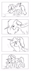 Size: 1812x4096 | Tagged: oc name needed, safe, artist:opalacorn, oc, oc only, alicorn, pony, fallout equestria, 4 panel comic, 4koma, black and white, comic, duo, grayscale, monochrome, no dialogue, self paradox, self ponidox, simple background, swimming pool, white background