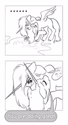 Size: 2237x4096 | Tagged: oc name needed, safe, artist:opalacorn, oc, oc only, alicorn, pony, fallout equestria, ..., 2 panel comic, black and white, comic, duo, duo female, eyes closed, female, grayscale, hug, mare, monochrome, self acceptance, self paradox, self ponidox, simple background, speech bubble, swimming pool, white background