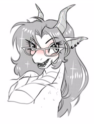 Size: 2084x2786 | Tagged: safe, artist:opalacorn, oc, oc only, oc:trinket heart, dragon, blushing, bust, dragoness, dragonified, female, glasses, grayscale, horns, monochrome, open mouth, open smile, partial color, sharp teeth, simple background, smiling, solo, species swap, teeth, white background