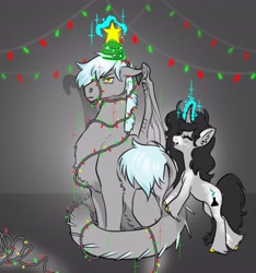 Size: 3836x4096 | Tagged: safe, artist:opalacorn, oc, oc only, oc:chain lightning, oc:fume hood, dracony, dragon, hybrid, pony, unicorn, chainume, chest fluff, christmas, christmas lights, christmas star, duo, duo male and female, ear fluff, eyes closed, female, glowing, glowing horn, holiday, horn, levitation, magic, male, mare, open mouth, open smile, partial color, sitting, smiling, stallion, telekinesis, unamused