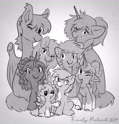 Size: 3333x3454 | Tagged: oc name needed, safe, artist:opalacorn, oc, oc only, oc:dusk sentinel, oc:keygun, oc:maple parapet, oc:meridian, oc:nightingale, oc:serene steppe, oc:vesperi, bat pony, bat pony unicorn, hybrid, pony, unicorn, baby, baby pony, bat pony oc, black and white, colt, eye clipping through hair, eyebrows, eyebrows visible through hair, family, family photo, father and child, father and daughter, father and son, female, filly, floppy ears, foal, freckles, gradient background, grayscale, horn, looking at you, male, mare, monochrome, mother and child, mother and daughter, mother and son, one eye closed, open mouth, open smile, signature, smiling, smiling at you, stallion, wink, winking at you