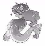 Size: 3600x3667 | Tagged: safe, artist:opalacorn, oc, oc only, oc:peachy splash, merpony, original species, pony, seapony (g4), black and white, butt, ear fins, female, fin ears, fish tail, floating heart, frog (hoof), grayscale, heart, looking at you, looking back, looking back at you, mare, monochrome, open mouth, open smile, pearl, plot, simple background, smiling, smiling at you, solo, tail, underhoof, white background