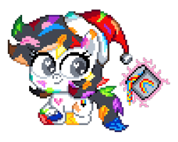 Size: 500x400 | Tagged: safe, artist:chssam, oc, oc only, oc:pixel palette, earth pony, pony, g4, g4.5, my little pony: pony life, bucket, christmas, digital art, earth pony oc, female, female oc, hat, heart, heart eyes, holiday, magic, manepxls, mare, mascot, messy, paint, pixel art, pxls.space, santa hat, simple background, sitting, smiling, solo, transparent background, wingding eyes