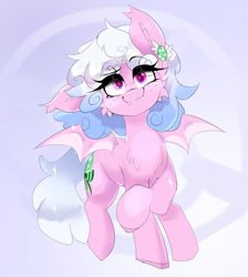 Size: 1809x2020 | Tagged: safe, artist:madiwann, oc, oc only, oc:haiky haiku, bat pony, pony, bat pony oc, candy, chest fluff, eye clipping through hair, fangs, female, food, freckles, looking at you, mare, sky, solo, sparkles, spread wings, wingding eyes, wings