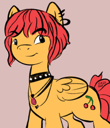 Size: 640x740 | Tagged: safe, artist:amynewblue, pegasus, g5, my little pony: a new generation, bridlewoodstock, cherry, food, jewelry, piercing, red hair, simple background, sketch