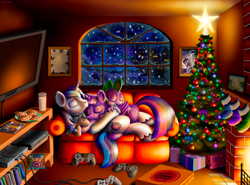 Size: 2520x1868 | Tagged: safe, artist:jac59col, night light, princess cadance, princess flurry heart, shining armor, smarty pants, spike, twilight sparkle, twilight velvet, alicorn, dragon, pony, unicorn, g4, bbbff, book, canterlot, christmas, christmas stocking, christmas tree, cookie, couch, crash bandicoot (series), cuddling, fireplace, food, hearth's warming, heartwarming, holiday, home alone, horn, milk, night, ornaments, picture frame, pizza box, pizza hut, playstation, playstation 4, present, sequel, sibling bonding, sibling love, siblings, snow, snowfall, spyro the dragon (series), television, tree, twilight sparkle (alicorn)