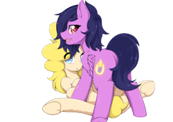 Size: 2105x1488 | Tagged: safe, artist:abyssalrabbit, oc, oc only, oc:pachi, earth pony, pegasus, pony, butt, commission, duo, female, mare, open mouth, plot, smiling, underhoof