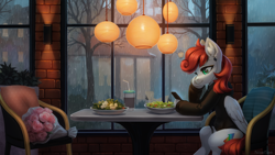 Size: 3072x1728 | Tagged: safe, artist:inowiseei, oc, oc only, pegasus, pony, bouquet of flowers, clothes, flower, food, headphones, indoors, rain, restaurant, salad, scenery, wallpaper, window