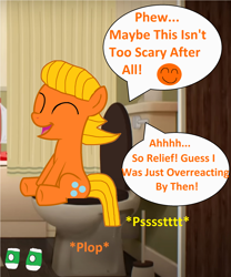 Size: 1728x2072 | Tagged: safe, artist:memeartboi, earth pony, pony, g4, ahhh, bathroom, but why, clothes, colt, content, darwin watterson, emoji, eyes closed, foal, happy, implied peeing, implied pissing, implied poop, implied pooping, implied urination, implied urine, indoors, male, onomatopoeia, open mouth, open smile, phew, plop, plunger, ponified, relaxed, relief, relieved, sitting, sitting on toilet, smiling, socks, solo, sound effects, speech bubble, text, the amazing world of gumball, toilet, toilet humor