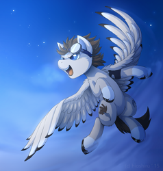 Size: 1080x1136 | Tagged: safe, artist:hioshiru, oc, oc only, pegasus, pony, both cutie marks, cheek fluff, chest fluff, cloud, coat markings, colored hooves, colored pupils, colored wings, colored wingtips, digital art, ear fluff, fluffy, flying, goggles, hooves, leg fluff, male, open mouth, outdoors, sky, socks (coat markings), solo, spread wings, stallion, starry night, unshorn fetlocks, wing fluff, wings