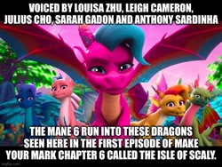 Size: 666x500 | Tagged: safe, edit, edited screencap, screencap, blaize skysong, fountain (g5), leaf (g5), luxxe, tumble (g5), dragon, g5, my little pony: make your mark, my little pony: make your mark chapter 6, the isle of scaly, spoiler:g5, caption, dragoness, female, image macro, male, text