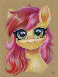 Size: 1127x1500 | Tagged: safe, artist:maytee, roseluck, earth pony, pony, g4, bust, colored pencil drawing, portrait, smiling, solo, traditional art