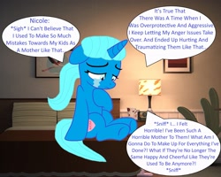 Size: 3002x2397 | Tagged: safe, artist:memeartboi, pony, unicorn, g4, bed, bedroom, crying, female, guilty, heart, heartbreak, hoof heart, horn, hurt/comfort, indoors, lamp, mare, mother, nicole watterson, night lamp, ponified, regret, remorse, sad, self reflection, sitting, solo, solo female, speech bubble, teary eyes, text, the amazing world of gumball, underhoof, unicorn horn, upset