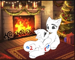 Size: 1176x933 | Tagged: safe, artist:empress-twilight, oc, earth pony, pony, christmas, christmas tree, commission, cuddling, duo, fireplace, hearth's warming eve, holiday, indoors, lying down, present, prone, rug, tree, your character here