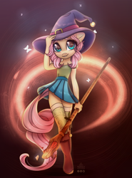 Size: 2000x2700 | Tagged: safe, artist:radioaxi, fluttershy, unicorn, anthro, unguligrade anthro, let's start the game, g4, abstract background, alternate hairstyle, clothes, cute, female, hat, high res, looking at you, mage, shyabetes, skirt, smiling, smiling at you, solo, staff, wand, witch hat, zettai ryouiki