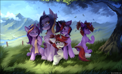 Size: 2604x1580 | Tagged: safe, artist:ramiras, oc, oc only, oc:meng xin, earth pony, pony, unicorn, eyes closed, female, grass, height difference, high res, horn, leaves, male, mare, mountain, outdoors, scenery, slender, smiling, stallion, thin, tree